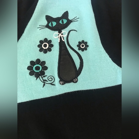 Retro Kitties Cardigan Black And Aqua - Picture 2 of 3